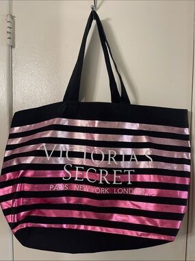 Victoria's Secret Black and Metallic Pink Striped Tote Bag Women’s Size L